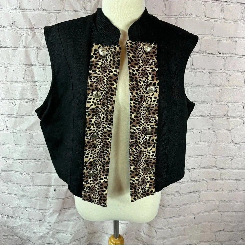 vintage cactus flower western boho denim vest sz XL leopard print accent